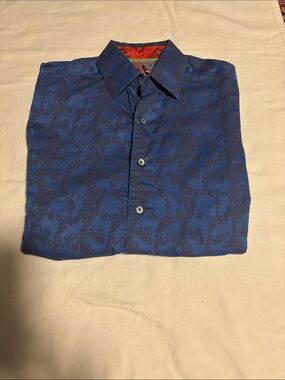 Robert Graham Blue Tonal Pattern Dress Shirt with Contrasting Collar Trim